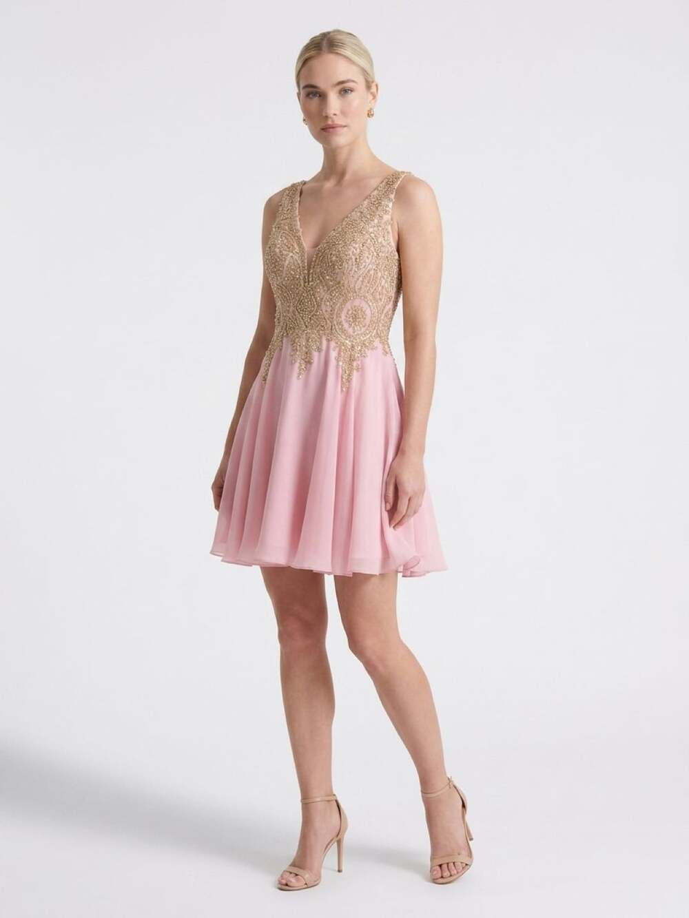 May Queen Couture Pink Chiffon Homecoming Dress with Gold Beaded Bodice Size 10